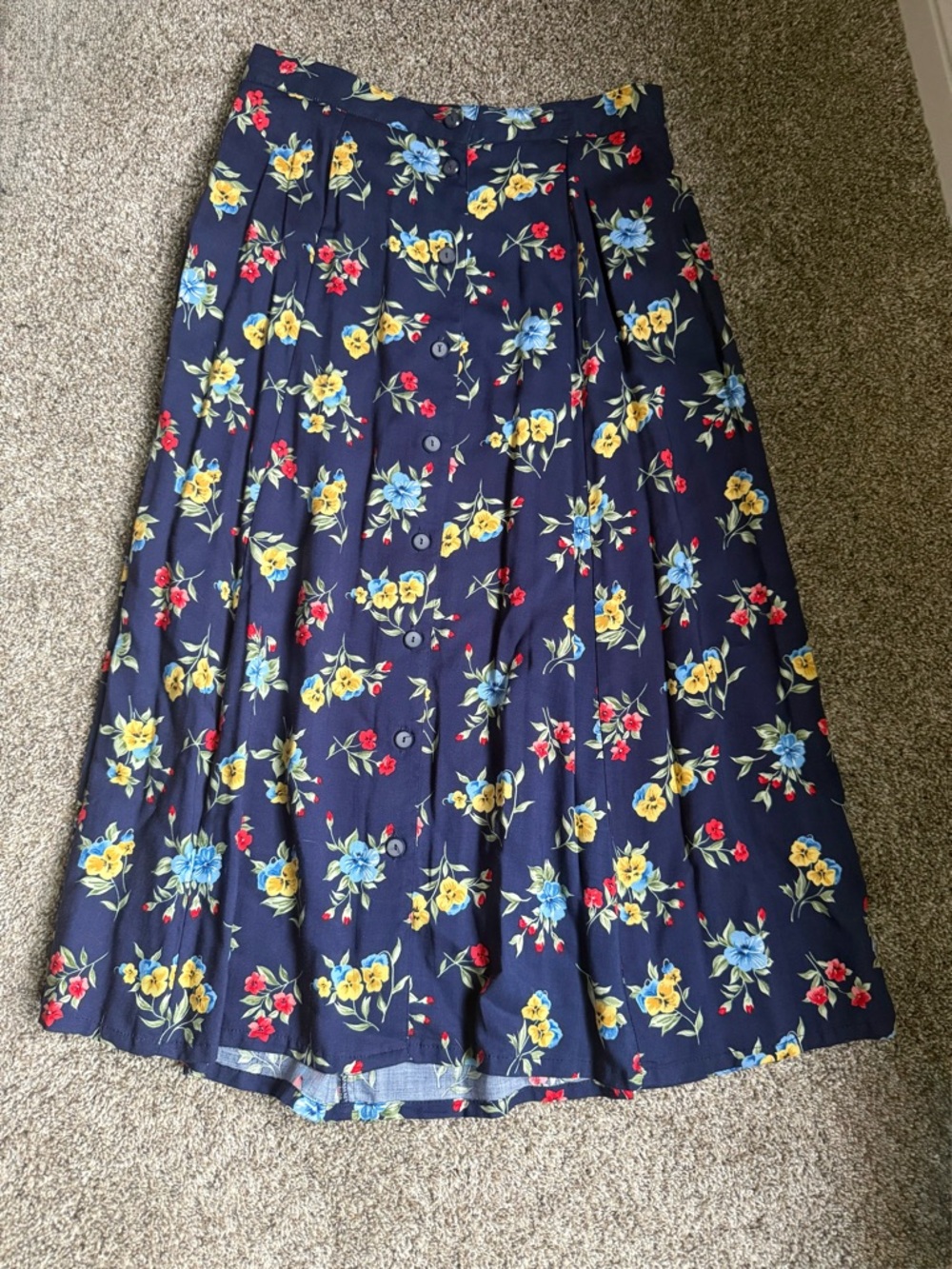 Vintage Navy Floral Pleated Midi Skirt -‎ Women's
